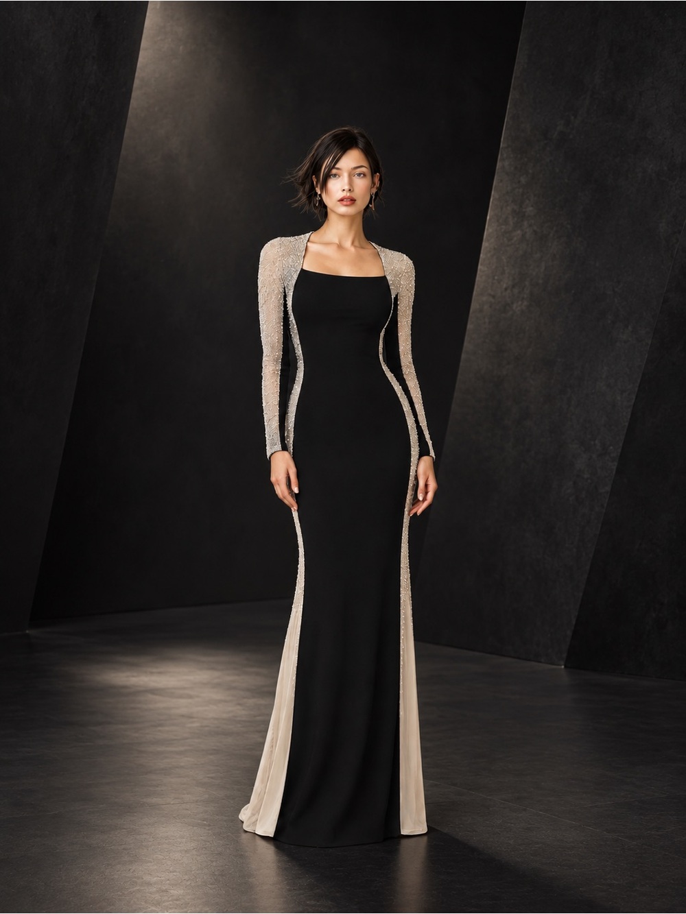 Xscape Size 14 Black Champagne Beaded Mesh Long Sleeve Formal Gown